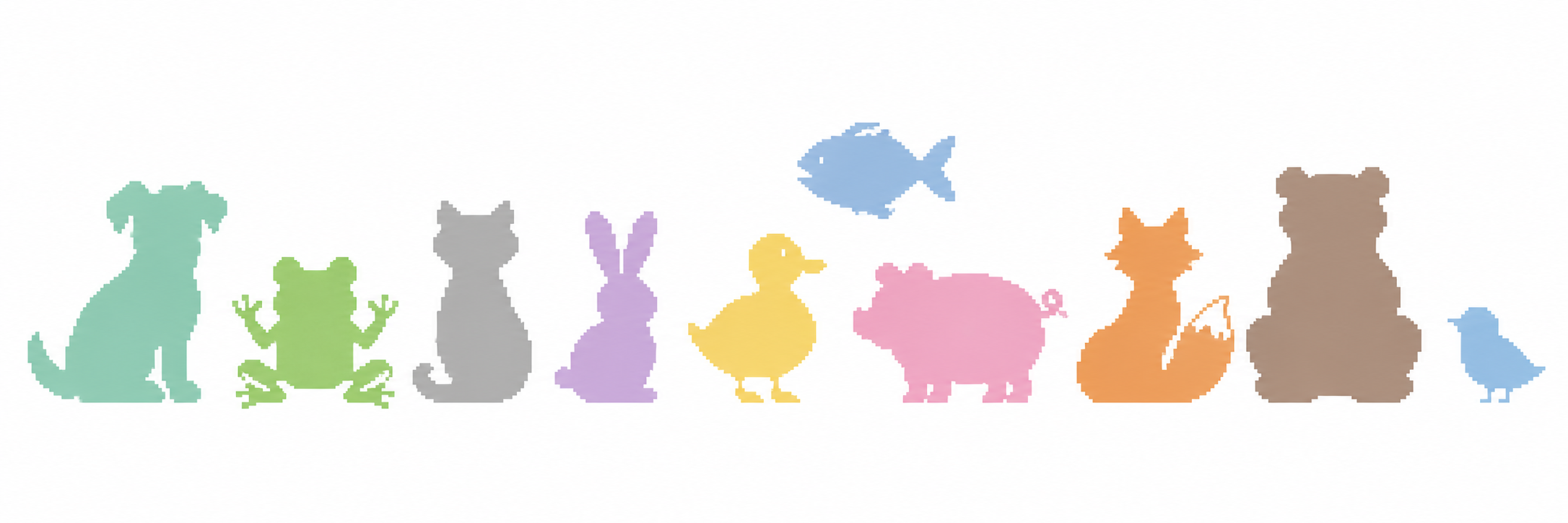 A horizontal lineup of pastel pixel-silhouette animals: dog, frog, cat, rabbit, duck, fish, pig, fox, bear, bird.